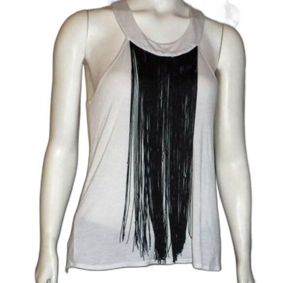 Charlotte Russe Tops - Charlotte Russe Tank Top Cream Colored with Black Fringe Size M Button Neck
